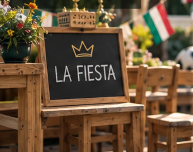 Pizarra de La Fiesta sobre una mesa de madera decorada con flores y banderines de Italia