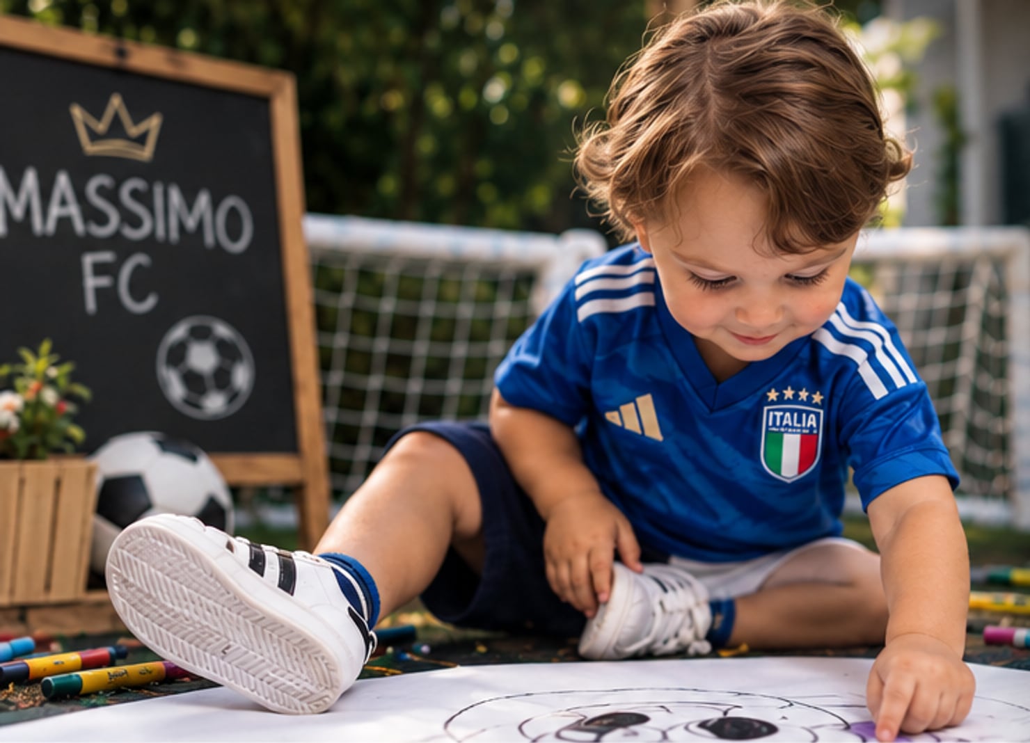 Massimo con la camiseta de Italia dibujando sobre el césped, junto a una pizarra de Massimo FC y dos arcos de fútbol